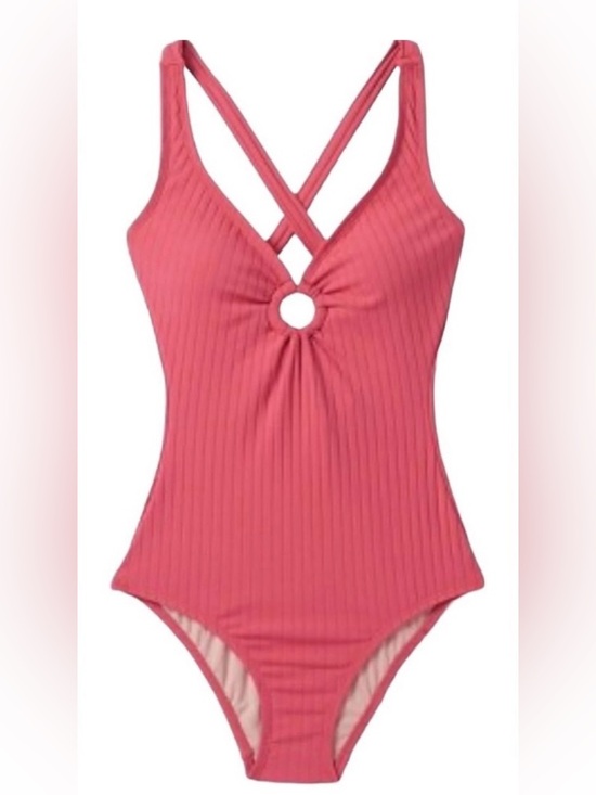 Kona Sol Women's Wide Ribbed Ring One Piece Swimsuit Salmon Pink - Picture 2 of 11